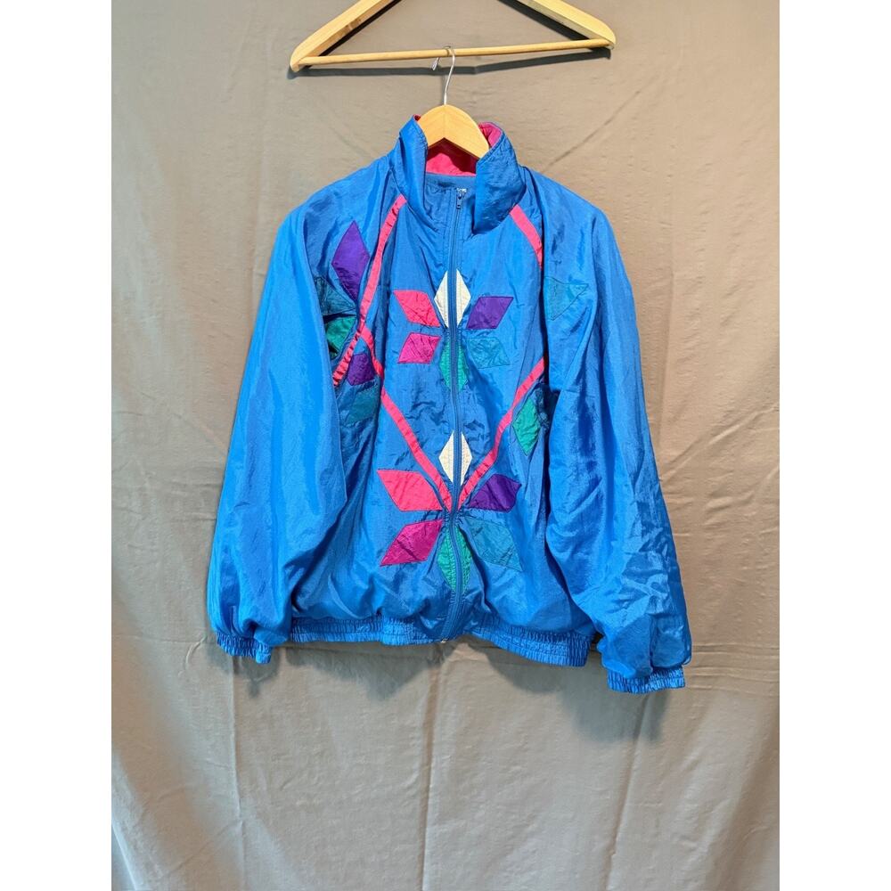 Vintage Bocoo 80s 90s Windbreaker Jacket L Colorblock Nylon Blue Geometric Retro